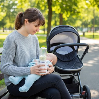 maman assise sur le banc tient chauffe biberon portable rapide avec bébé au parc