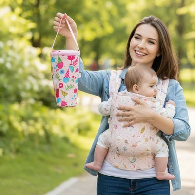 maman avec bébé avec porte biberon nomad au parc