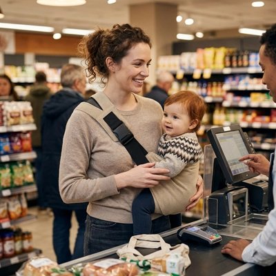 maman avec bébé dans foulard porte bebe ergo àl'épicerie