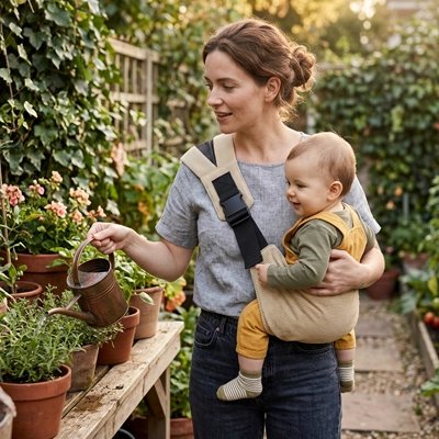 maman avec bébé dans foulard porte bebe ergo au jardin