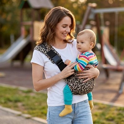 maman avec bébé dans foulard porte bebe ergo au parc