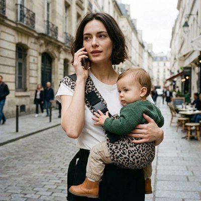 maman avec bébé dans foulard porte bebe ergo en ville