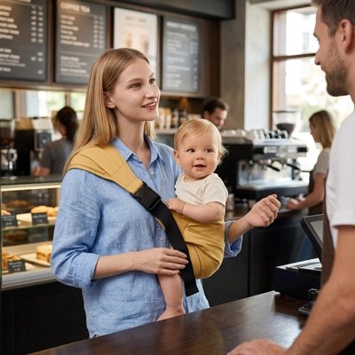 maman avec bébé en foulard porte bebe adapté au café restaurant