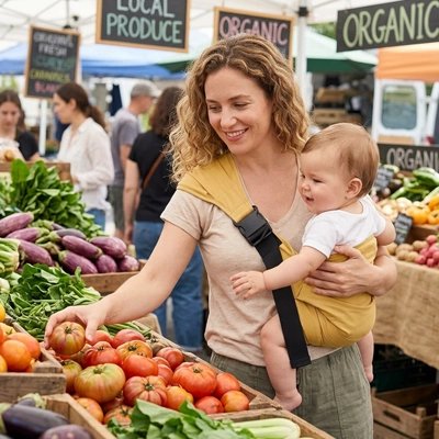 maman avec bébé en foulard porte bebe adapté au marché