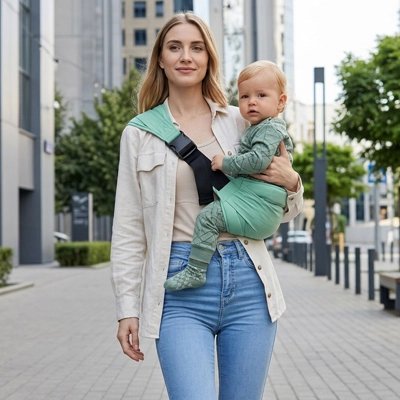 maman avec bébé en foulard porte bebe adapté en ville