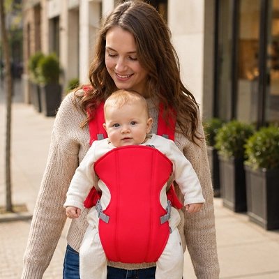 maman avec bébé en porte bebe ergonomique nature en ville