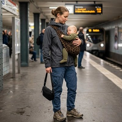 maman avec bébé en porte bebe hanche fort au gare metro