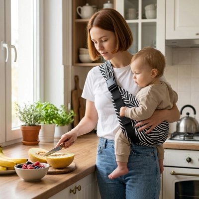 maman avec bébé en porte bebe hanche fort dans la cuisine