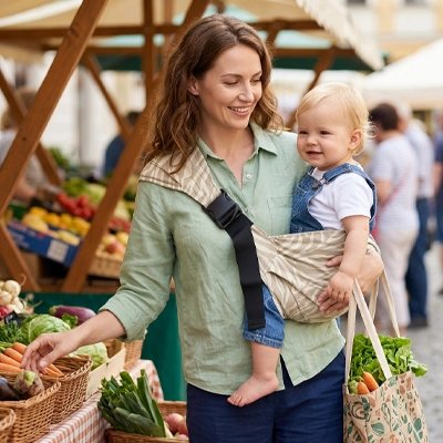 maman avec bébé en porte bebe hanche pratique au marché