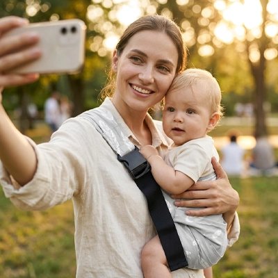 maman avec bébé en porte bebe hanche pratique au parc