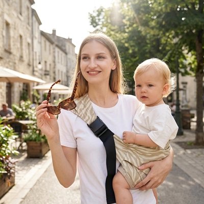 maman avec bébé en porte bebe hanche pratique en ville