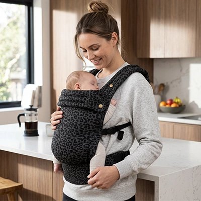 maman avec bébé en porte bebe physio charme dans la cuisne