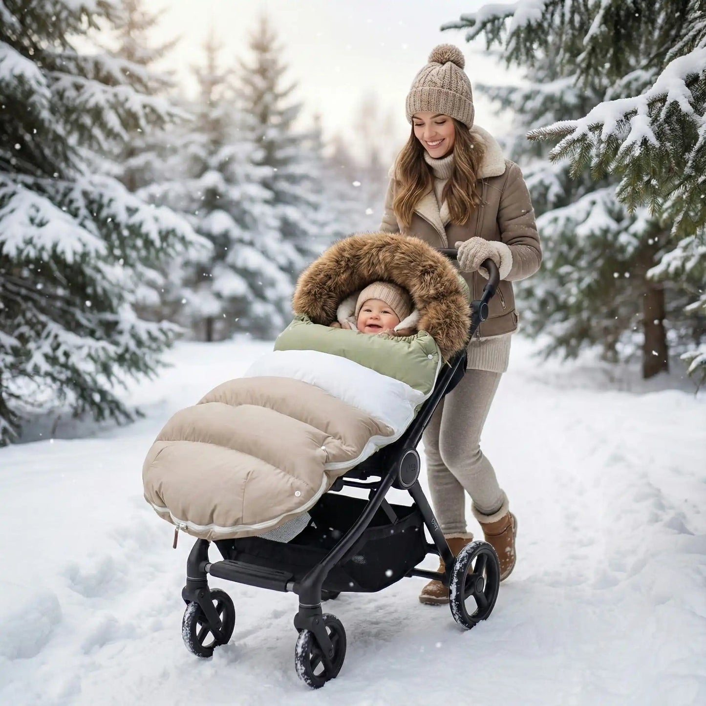 maman avec bébé en poussette chanceliere polar protection au parc