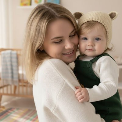 maman avec bébé portant bonnet bebe garcon douceur 