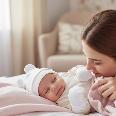 maman avec bébé portant bonnet bébé naissance douillet 