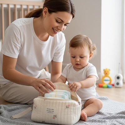 maman avec bébé range les essentiels de bébé dans sac à langer bébé complet & pratique
