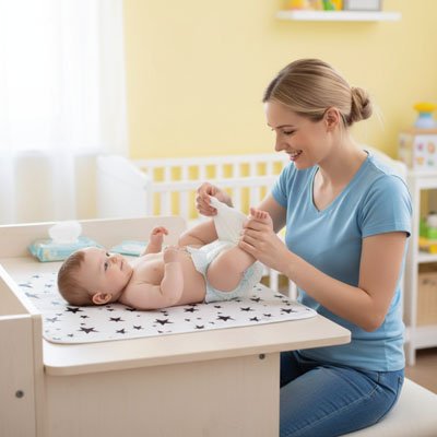 maman avec bébé sur tapis à langer nomade imperméable soft