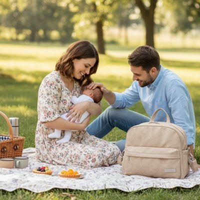 maman, bébé et papa sur la couverture avec sac à langer imperméable élégance pratique