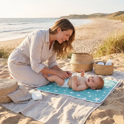 maman change bébé sur tapis à langer nomade imperméable lavable à la plage 