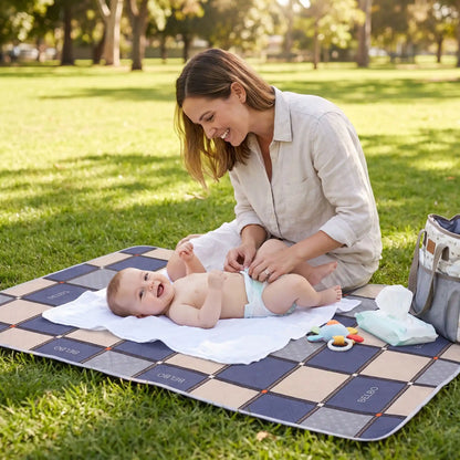 maman change bébé sur tapis langer voyage carreau au parc