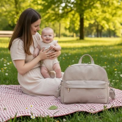 maman et bébé assis sur la couverture avec sac a langer a dos précieux