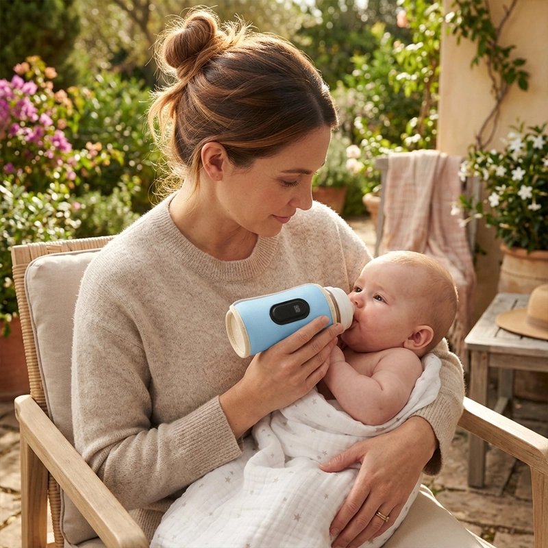 maman et bébé au jardin avec chauffe biberon usb rapide