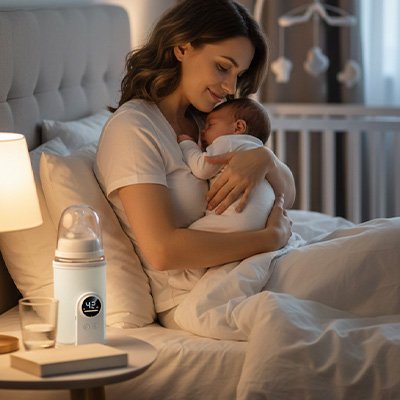 maman et bébé au lit avec chauffe - biberon nomade ultrafast sur la table