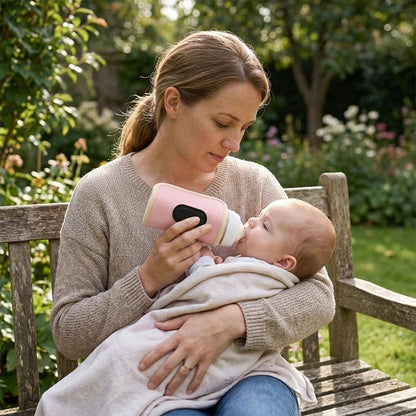 maman et bébé au parc avec chauffe biberon usb rapide