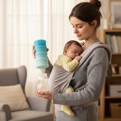 maman et bébé avec boite doseuse lait  bébé joli au salon