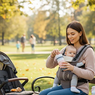 maman et bébé avec boite doseuse lait nomade au parc