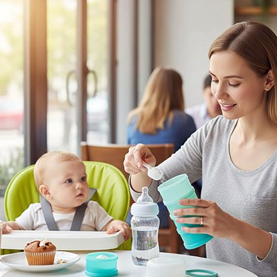 maman et bébé avec boite doseuse lai nomade au restaurant 
