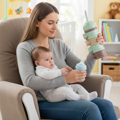 maman et bébé avec boite doseuse lait portable et biberon