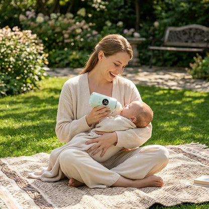 maman et bébé avec chauffe biberon usb express au jardin