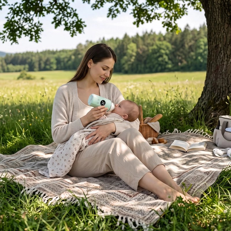 maman et bébé avec chauffe biberon usb express