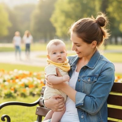 maman avec bébé avec tour de cou bébé sécurisé assis sur un banc
