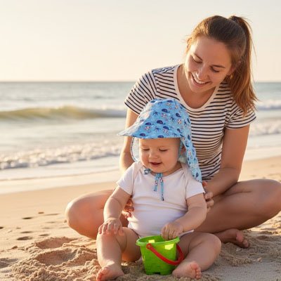 maman et bébé portant casquette pour bébé sur la plage 