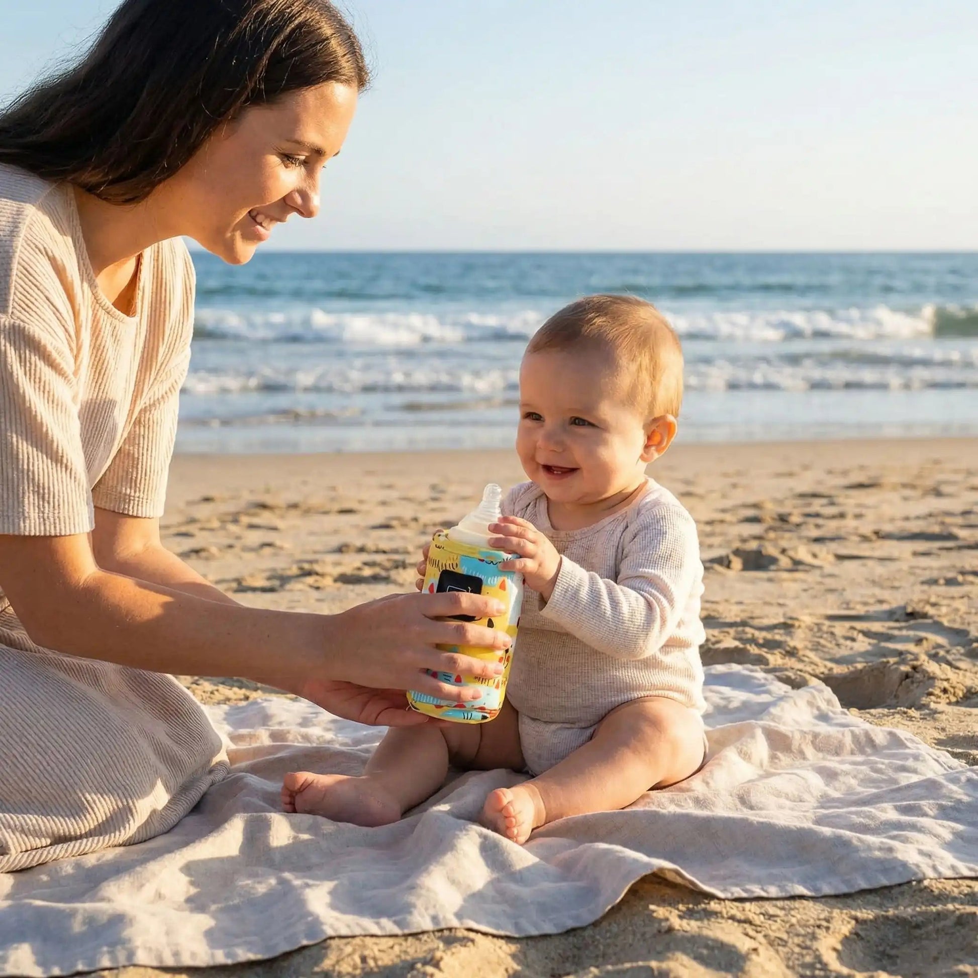 mama et bébé sur la couverture avec chauffe-biberon nomade easywarm à la plage