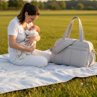maman et bébé sur la couverture avec sac a langer spacieux