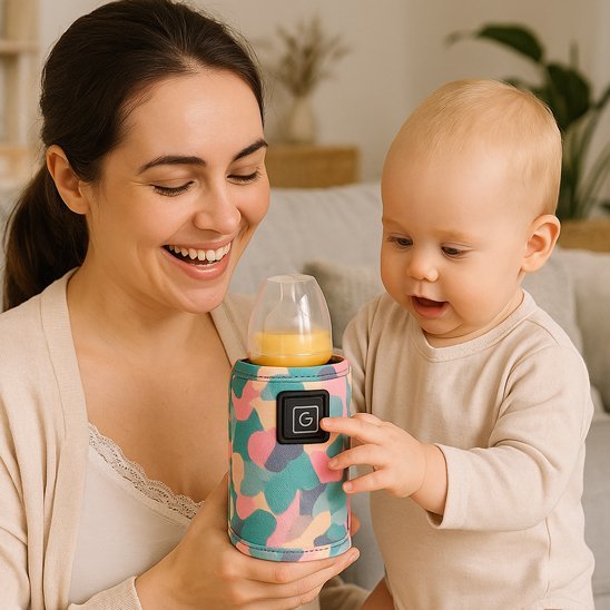 maman et bébé tiennent chauffe biberon portable nomade perfect 
