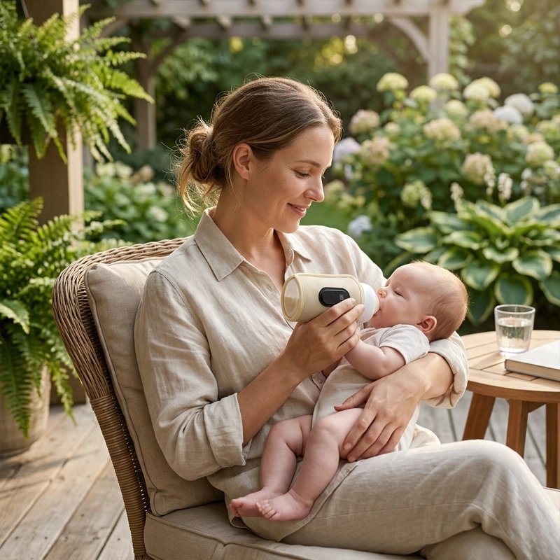 maman et bébé tiennent chauffe biberon usb rapide au jardin