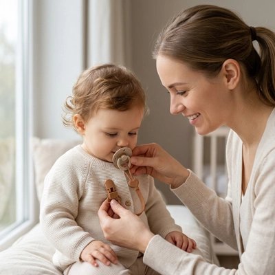 maman fixe attache tetine silicone light sur le vetement de bébé 