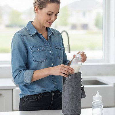 maman met biberon dans chauffe-biberon portable sécuribébé Gris 