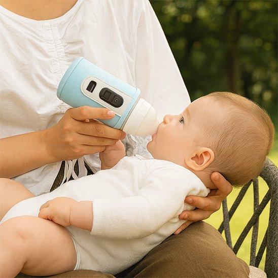 maman nourrit bébé par biberon dans chauffe biberon nomade pratique
