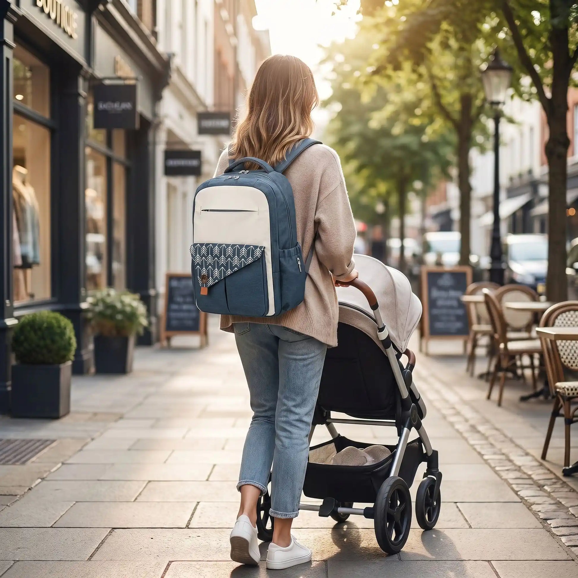 maman porte au dos sac à langer toile imperméable momperfect avec bébé en ville