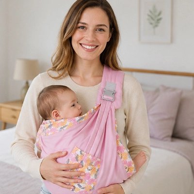 maman porte bébé dans echarpe de portage physio aisé dans chambre