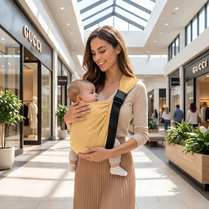 maman porte bébé dans l'echarpe de portage ete ergocarry au centre d'achat