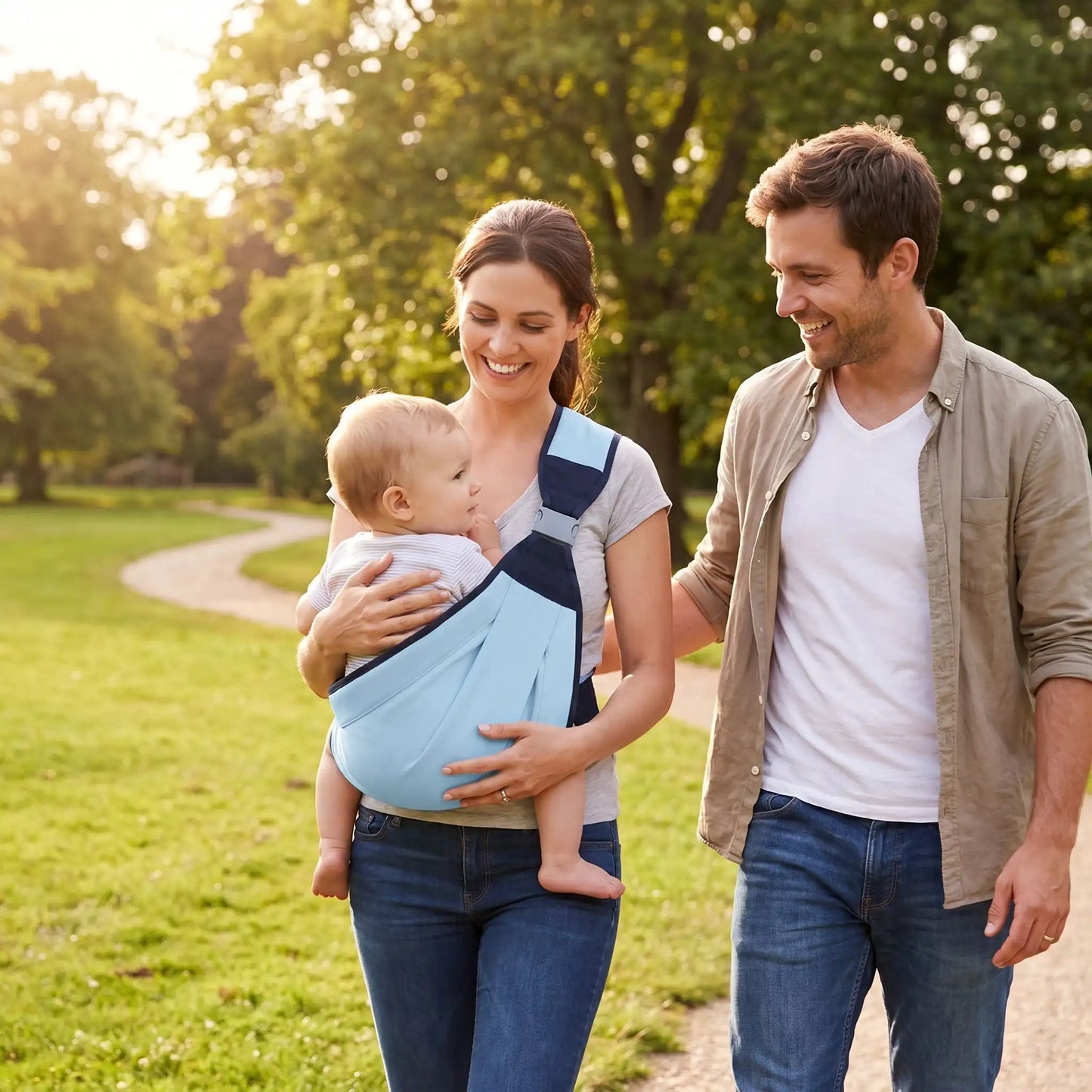 maman porte bébé dans l'écharpe porte bebe physioconfort au parc avec papa