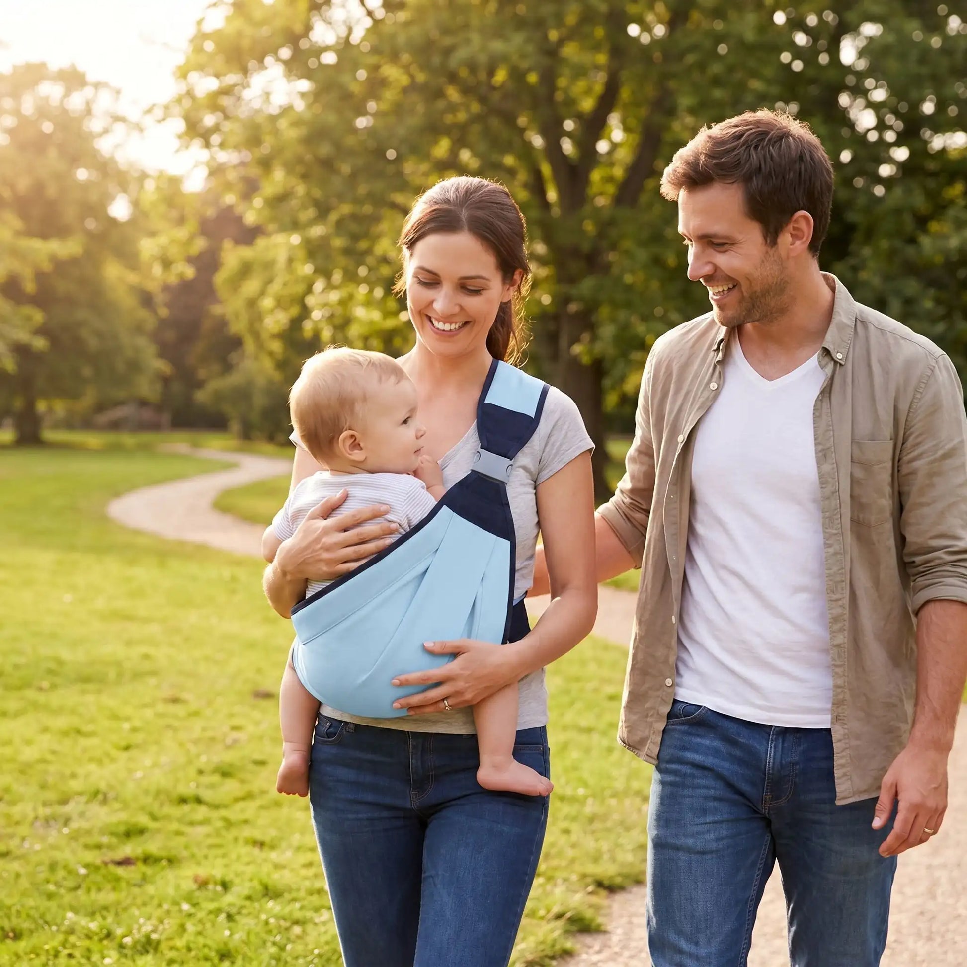 maman porte bébé dans l'écharpe porte bebe physioconfort au parc avec papa