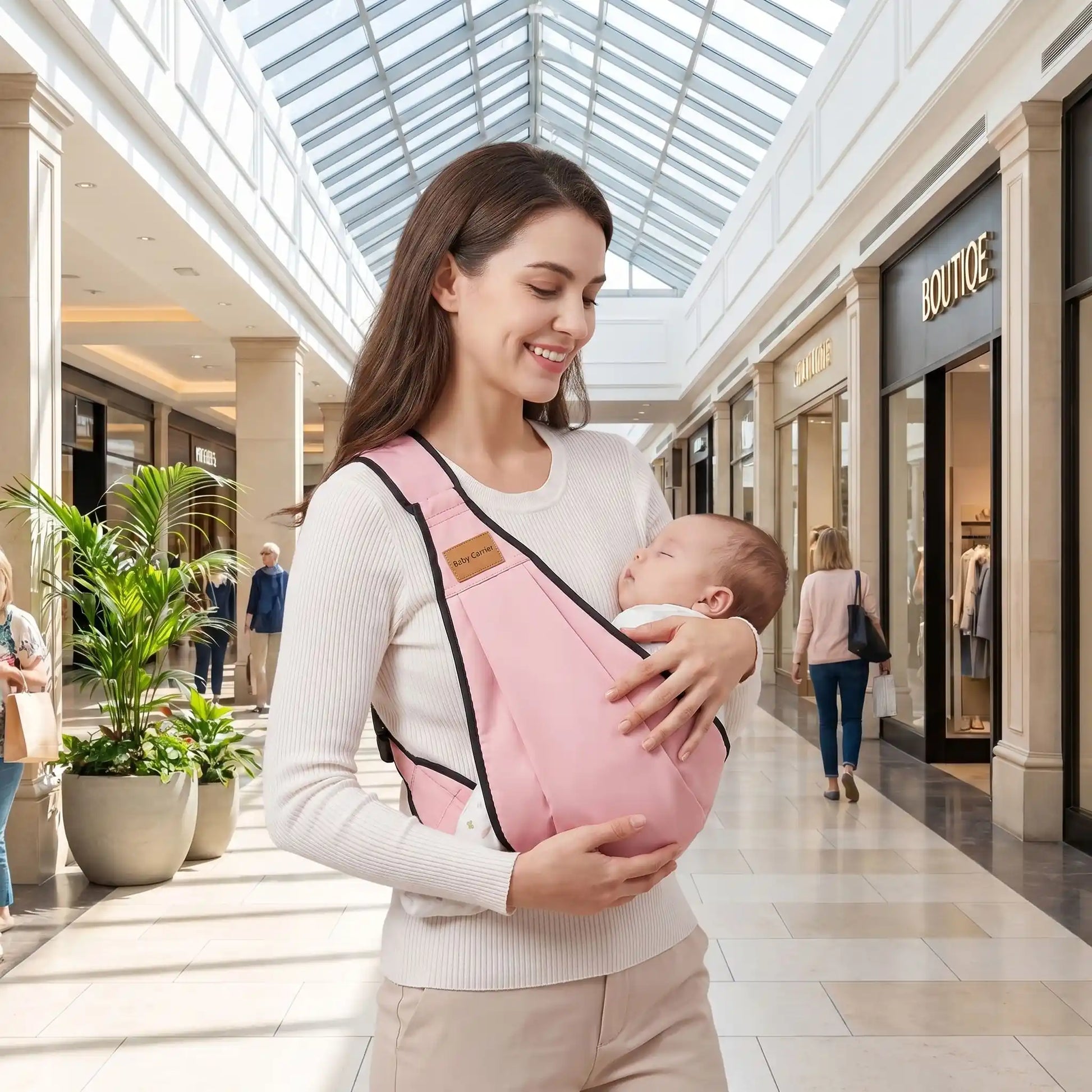 maman porte bébé dans porte bebe foulard babyrose au centre d'achat