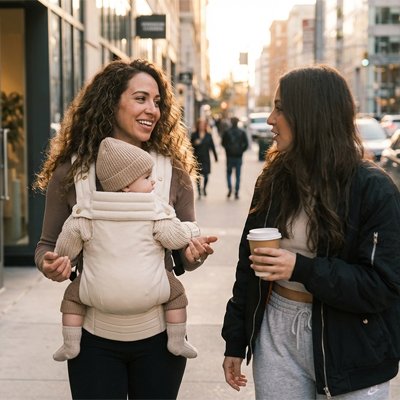maman porte bébé dans porte-bébé sécurité avec une amie